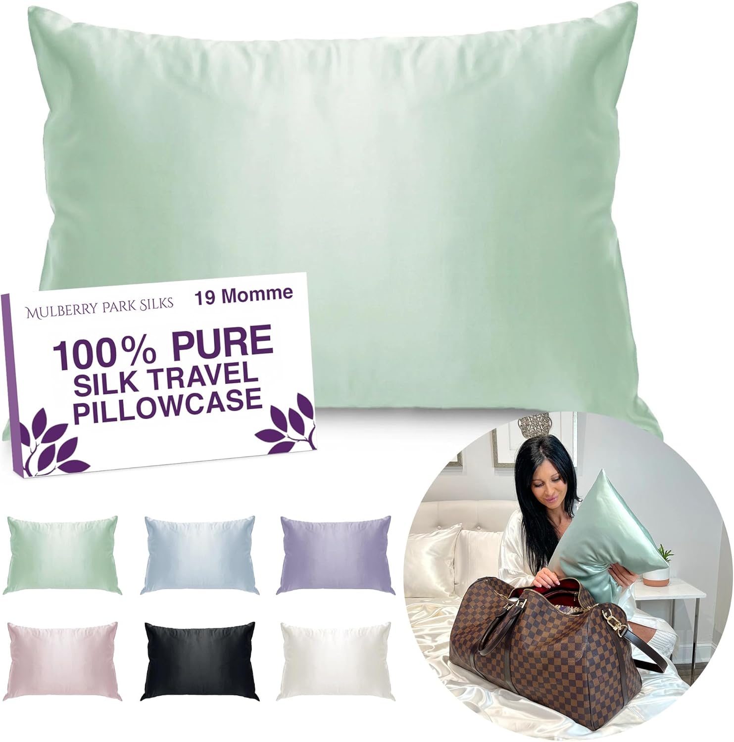 Pure Silk Travel Pillowcase – Green Travel Size (13″ × 18″)